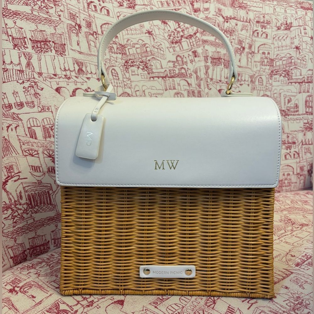 Modern Picnic The Luncher White Wicker Monogrammed Bag